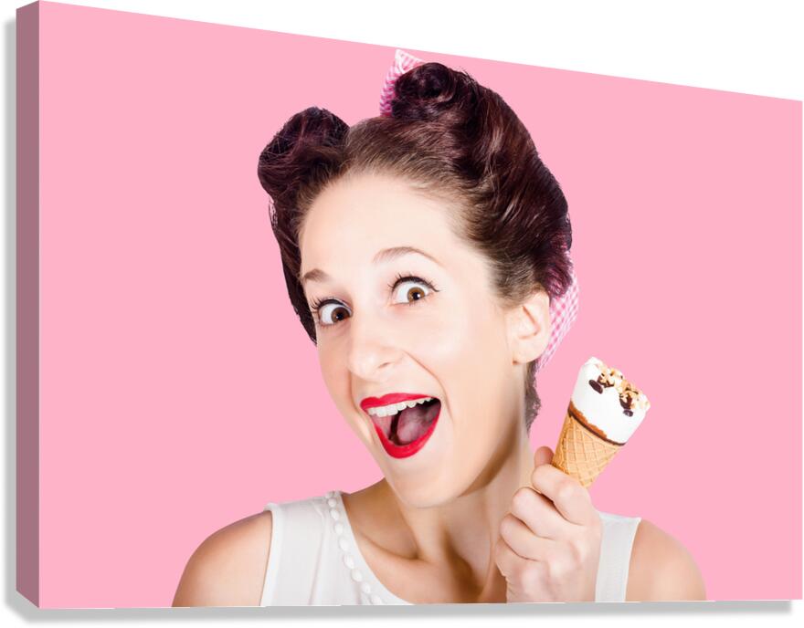 Funny pinup girl with ice cream in isolated studio Canvas Print