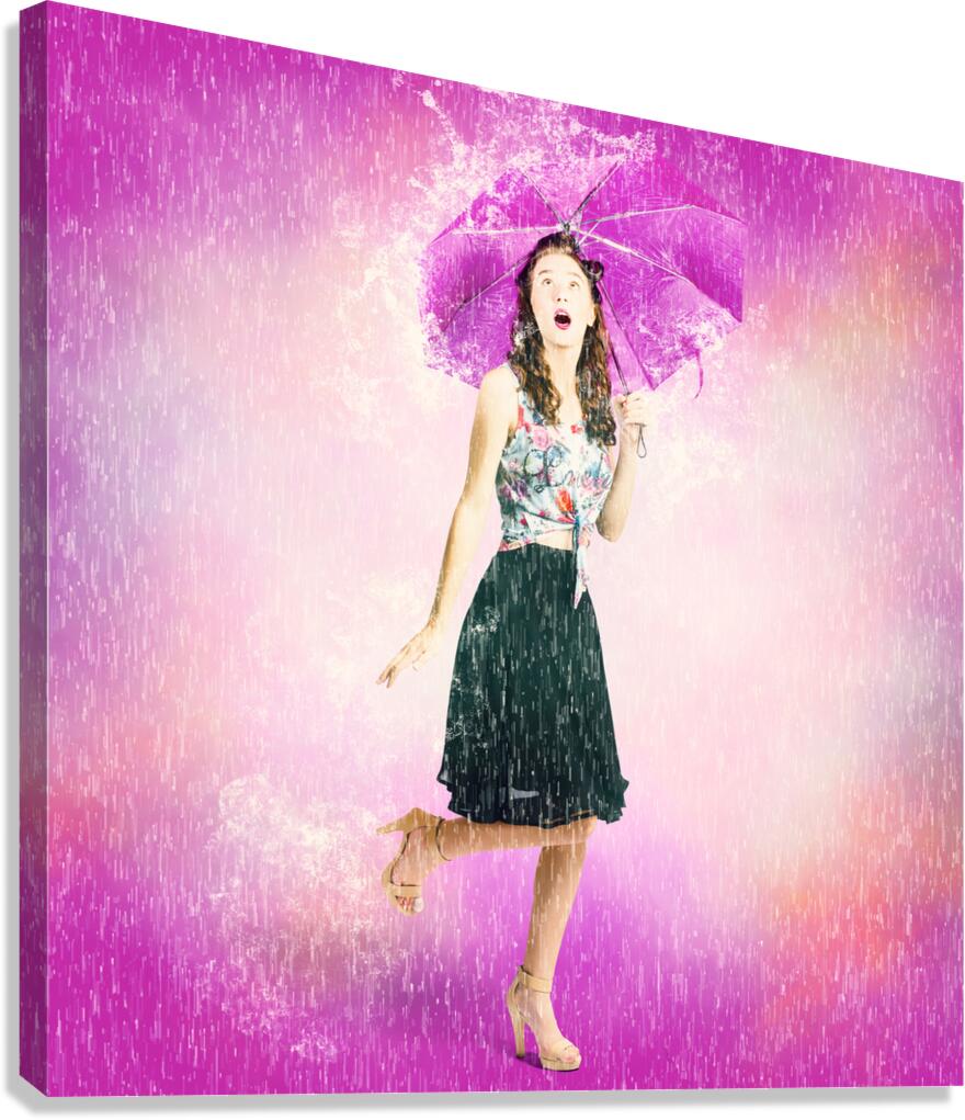Pin-up girl in rain downfall. Hop skip and jump Canvas Print