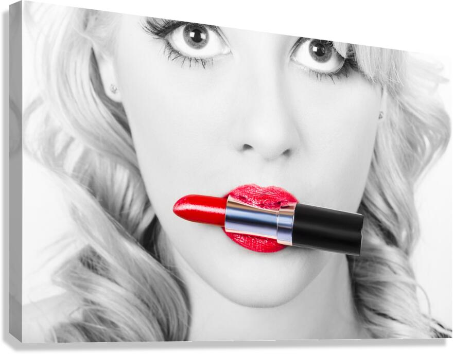 Make-up closeup. Cosmetic pinup girl in lip makeup Canvas Print