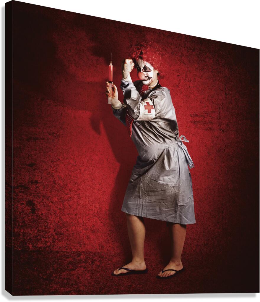 Scary clown doctor about to give jab with syringe Canvas Print