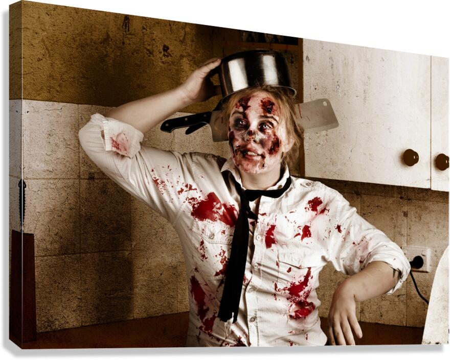 Funny zombie cook dancing in horror kitchen Canvas Print