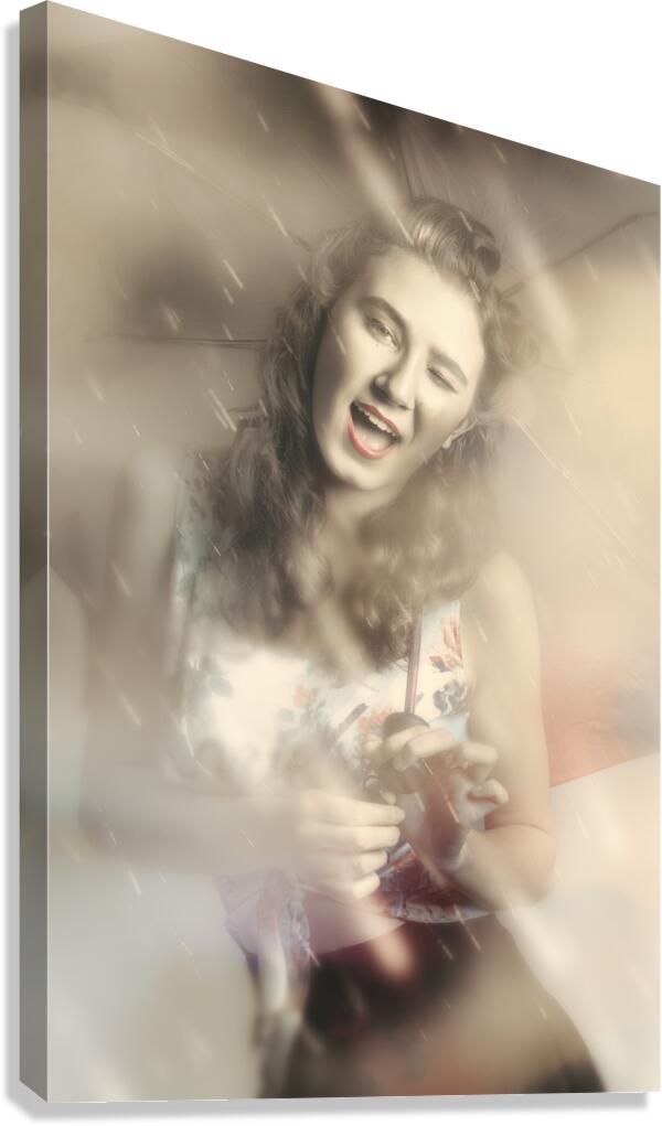 Pin-up woman dancing in a shower of rain Canvas Print