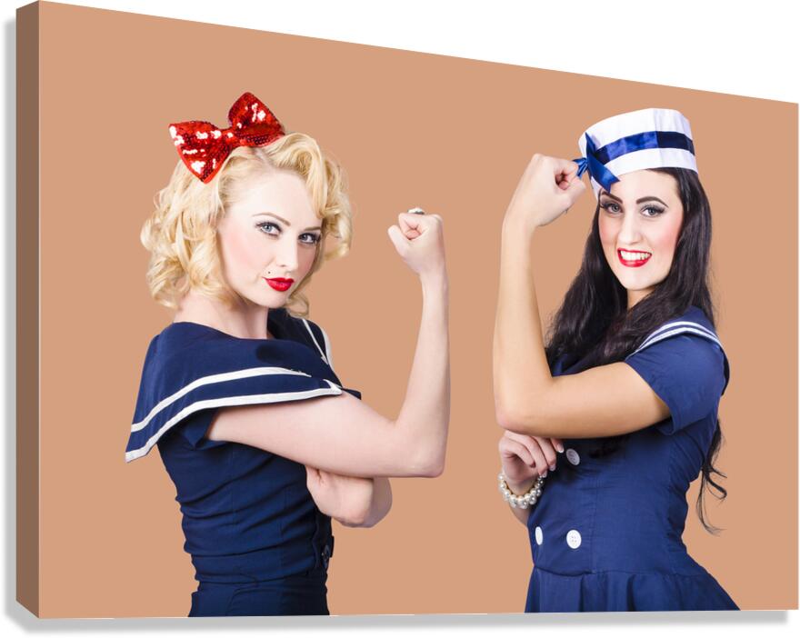 Pin-up sailor girls showing physical strength Canvas Print