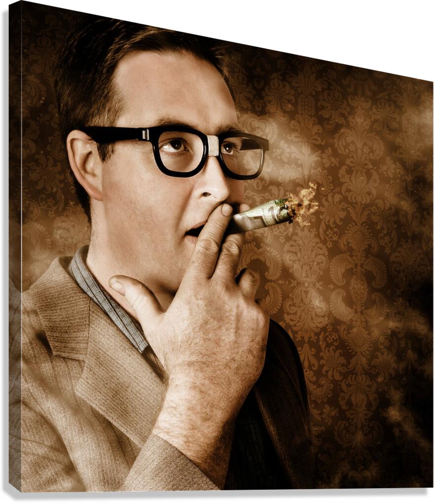 Vintage business man smoking money in success Canvas Print
