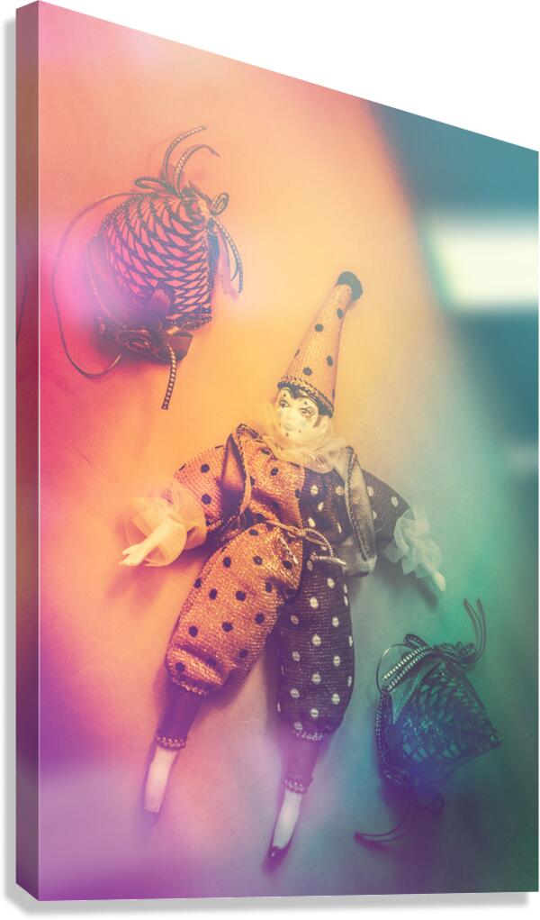 Play act of a puppet clown performing a sad mime Canvas Print