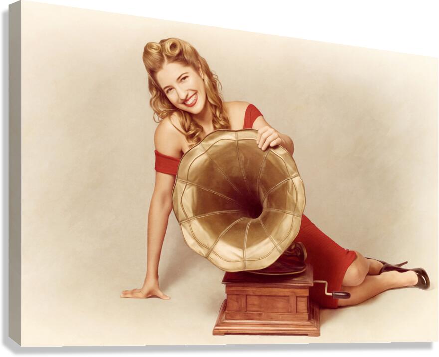 60s pin up girl with vintage record phonograph Canvas Print