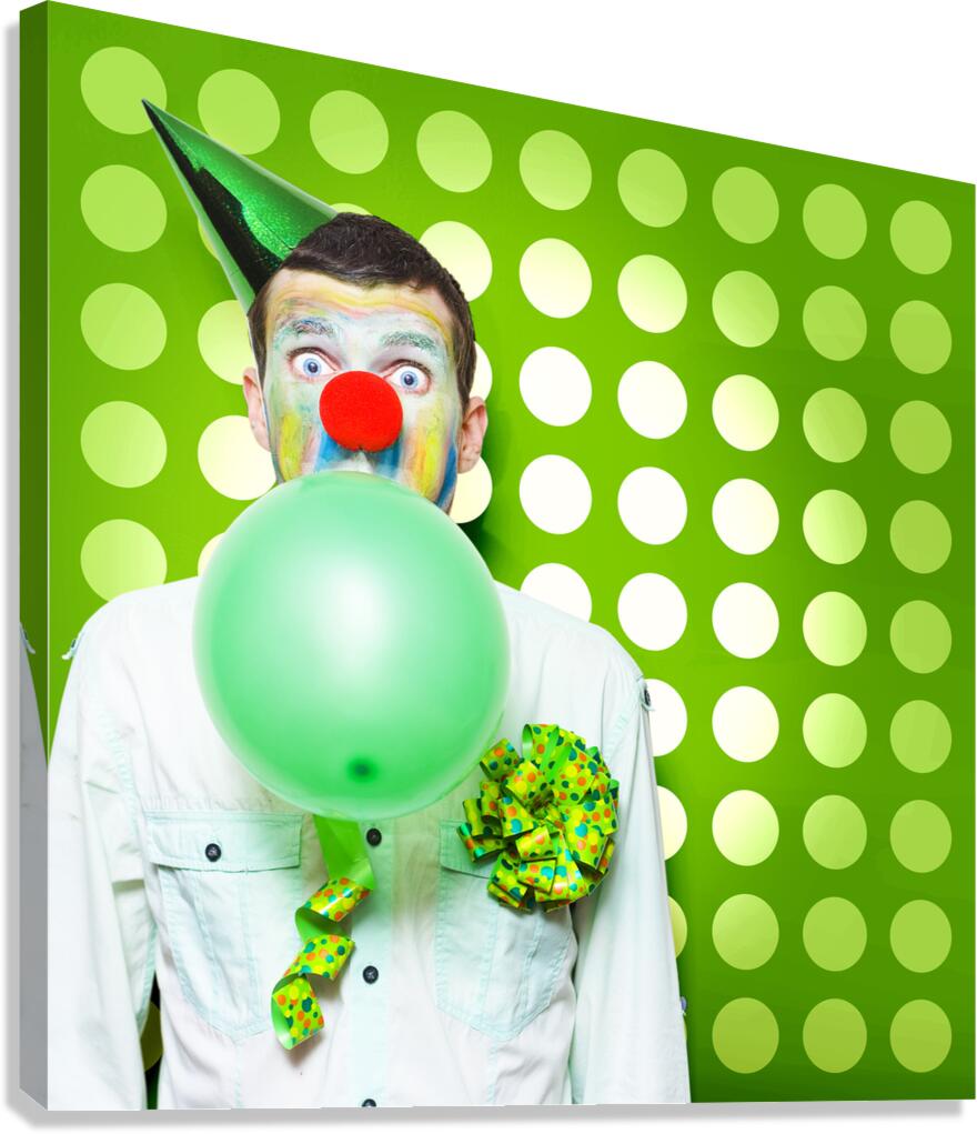 Crazy Party Clown Inflating Green Party Balloon Canvas Print