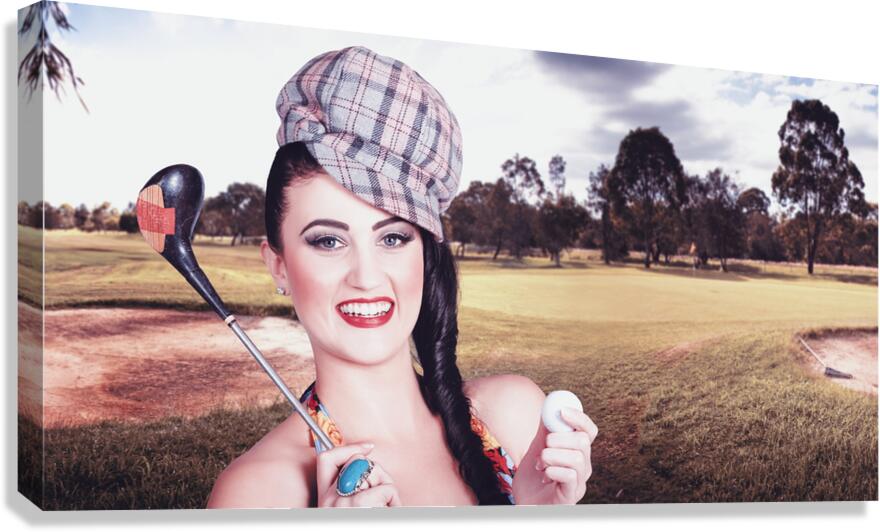 Portrait of a smiling retro female golfer Canvas Print