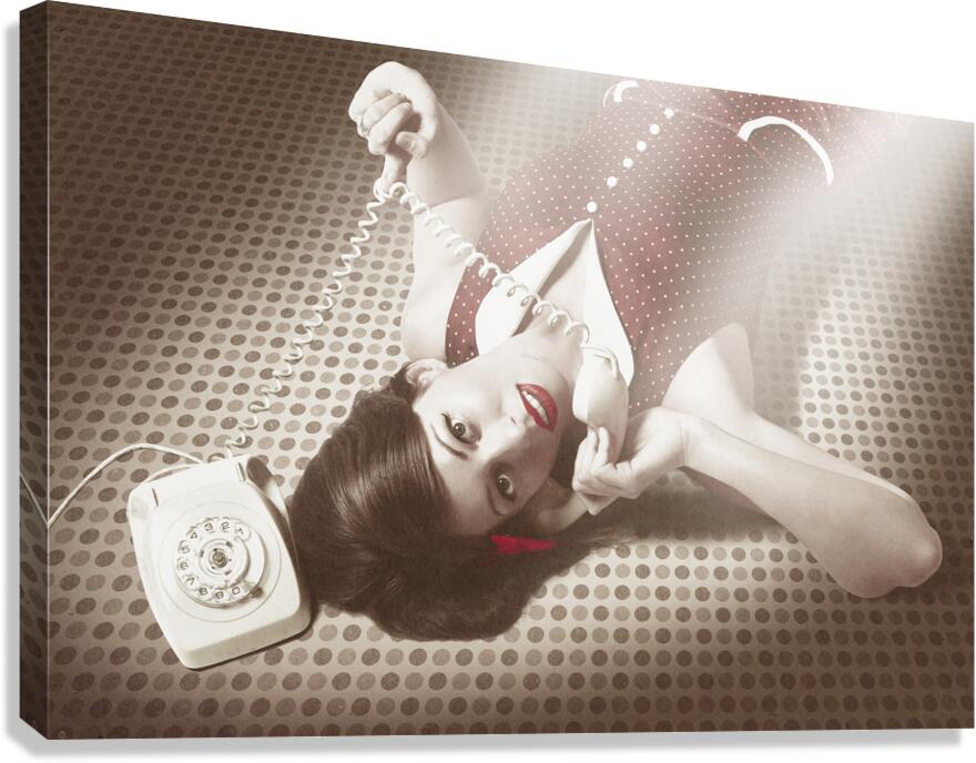 Beautiful brunette pinup woman on vintage phone Canvas Print