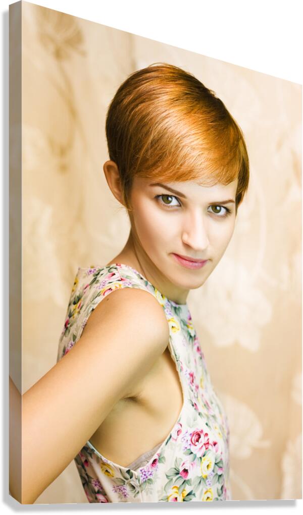 Short haired girl in floral dress Canvas Print