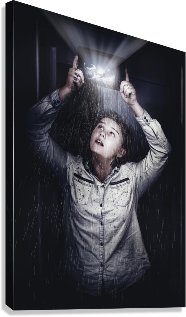 Woman checking weather forecast on tablet Canvas Print