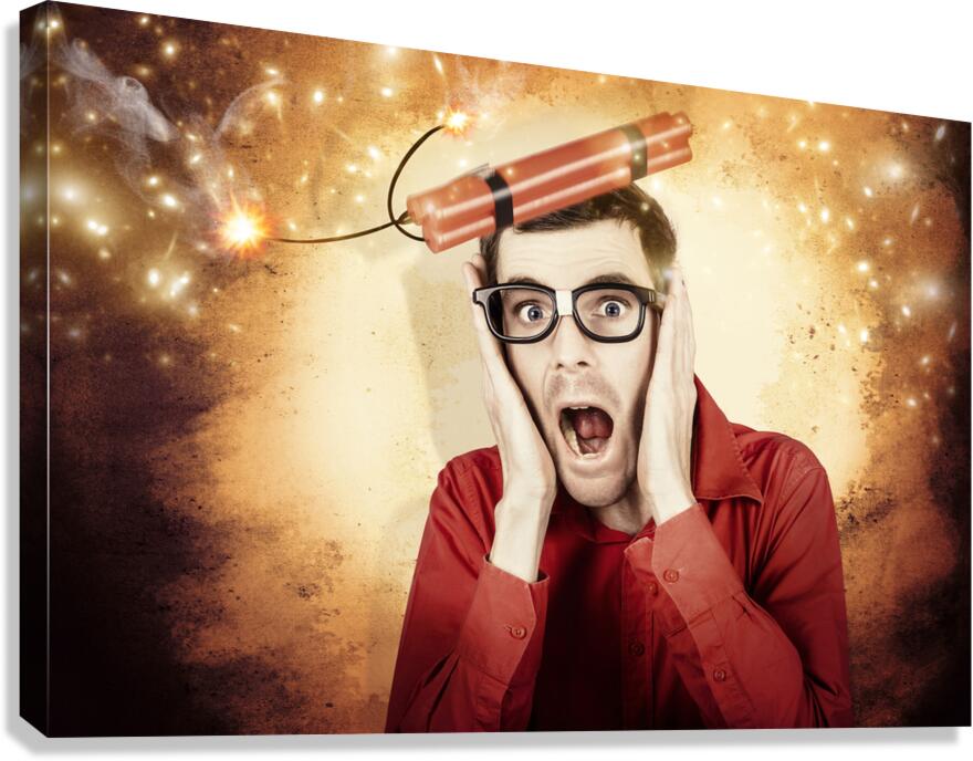 Nerd business man shouting out in fear of a bomb Canvas Print