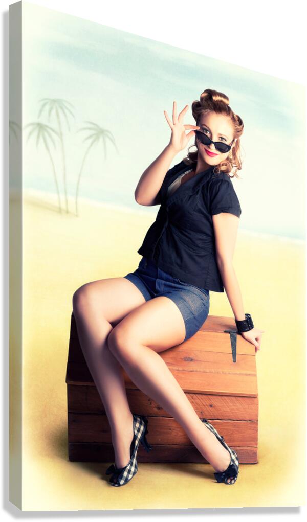 Travelling Pin-Up Girl Sitting On Vintage Luggage Canvas Print