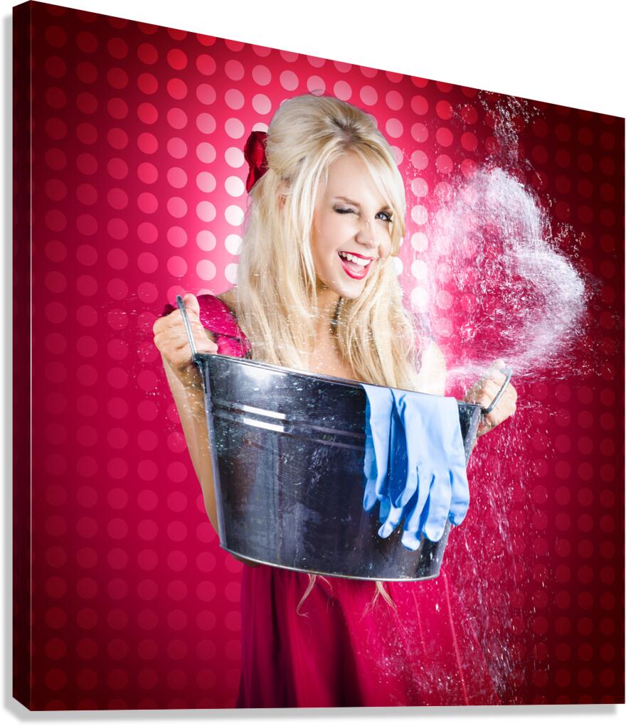 60s Retro Cleaning Lady With Metal Water Bucket Canvas Print