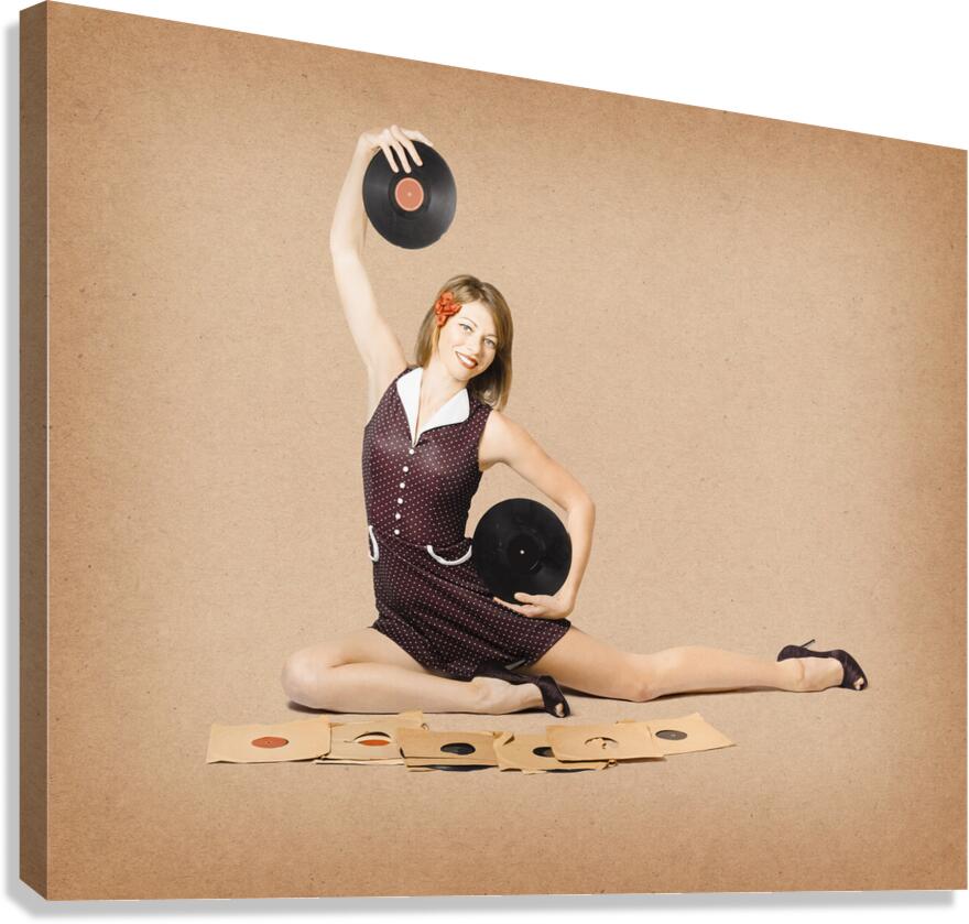 Glamorous pinup girl holding vinyl LP records Canvas Print