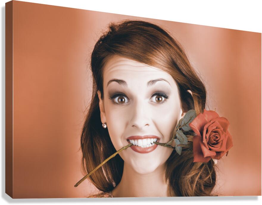 Surprised Young Woman Getting Valentine Flower Canvas Print