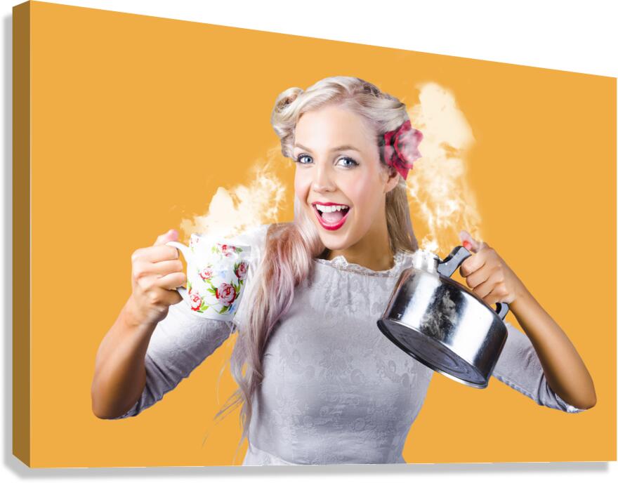 Pinup girl holding kettle and mug Canvas Print