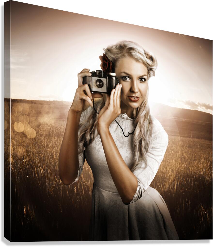 Young Female Photographer With Vintage Camera Canvas Print