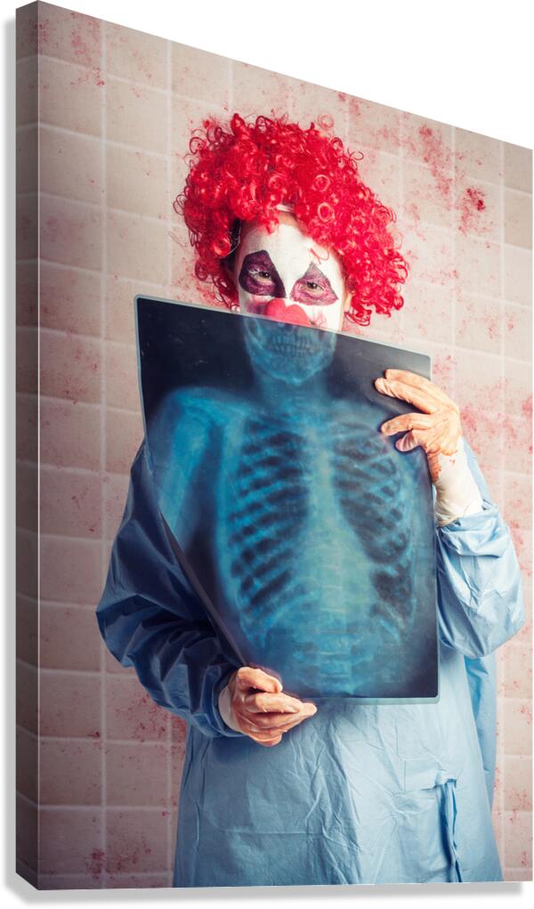Scary clown peeking behind x-ray. Funny bones Canvas Print