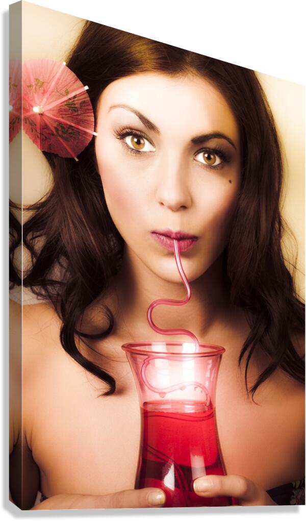 Pinup poster girl drinking at retro cocktail party Canvas Print