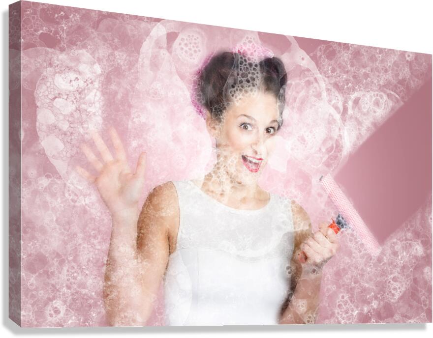 Retro window cleaning girl looking at clean glass Canvas Print
