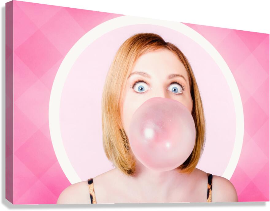 70s pin-up girl blowing pink bubble gum ball Canvas Print