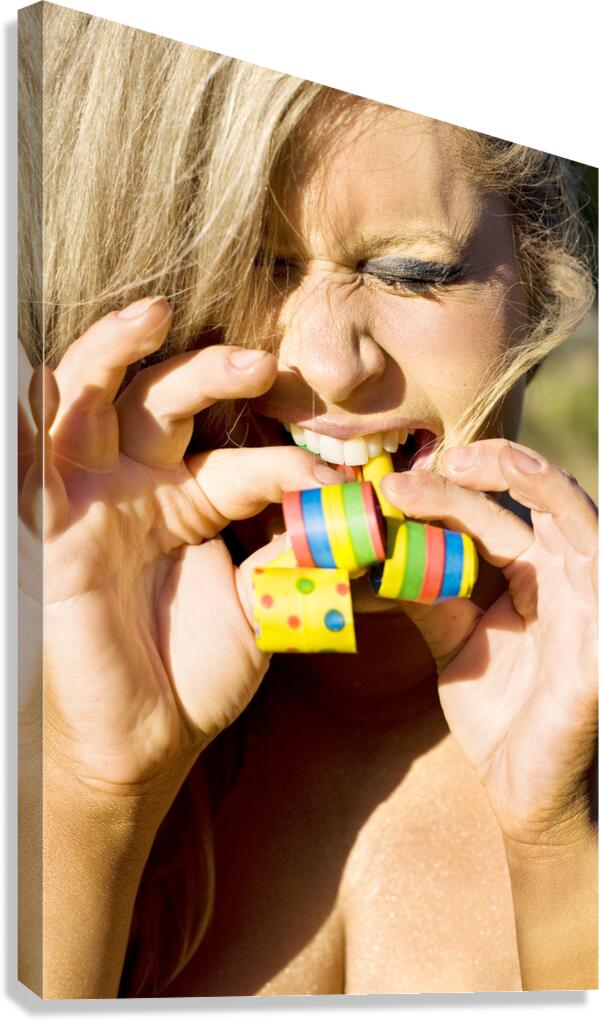 Woman Blowing Party Horns Canvas Print