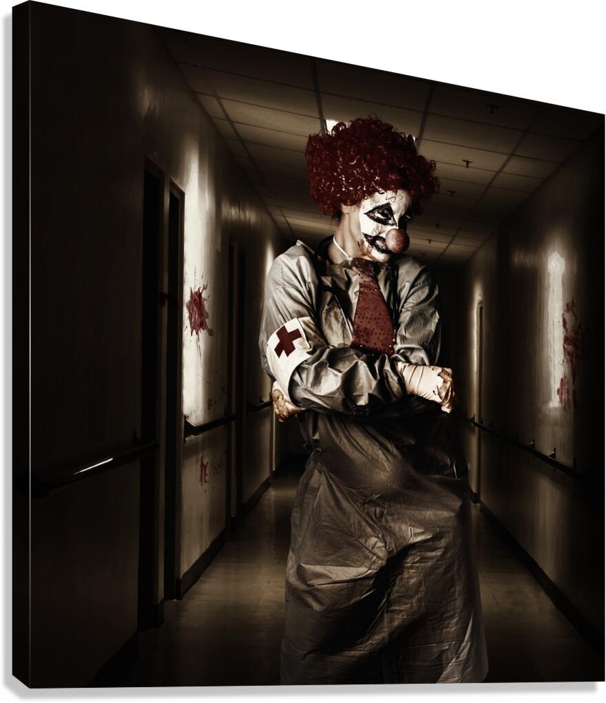Dark hospital clown in spooky theatre nightmare Canvas Print