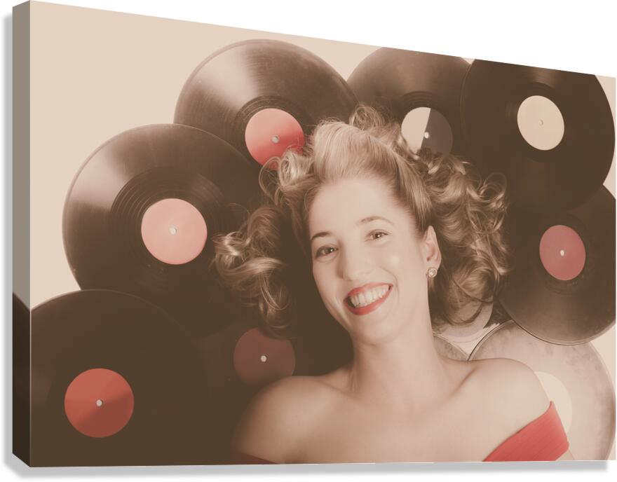Classic pin up girl on vintage vinyl lp records Canvas Print