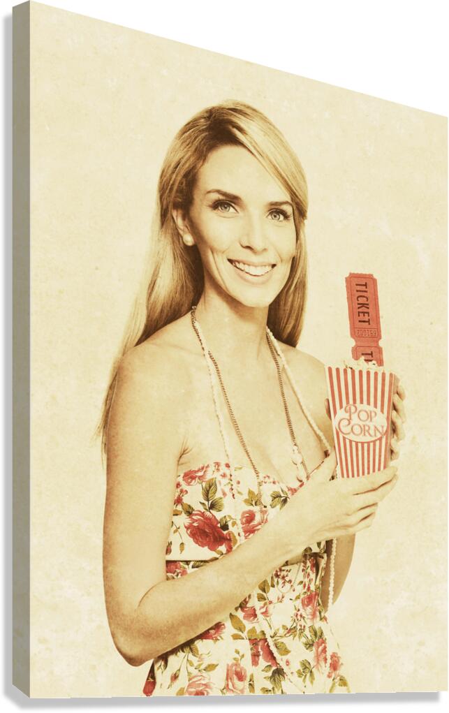 Vintage Woman With Pop Corn And Movie Tickets Canvas Print