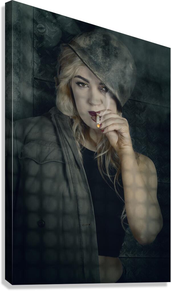 Female pinup soldier smoking cigarette in foxhole Canvas Print