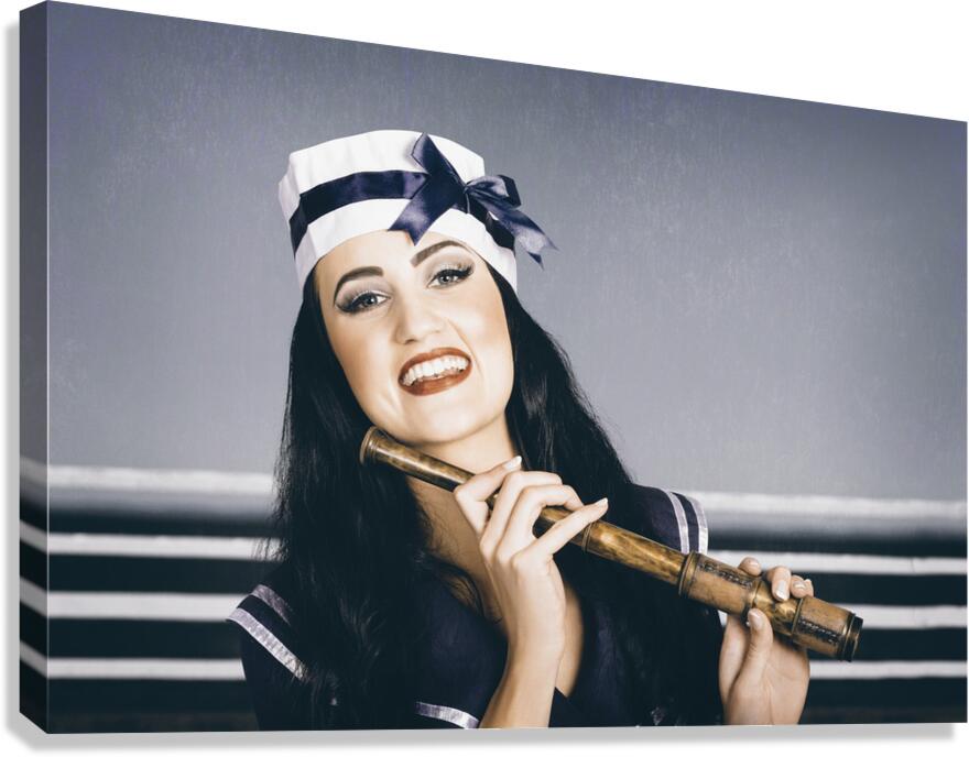 Young vintage sailor girl looking out to sea Canvas Print