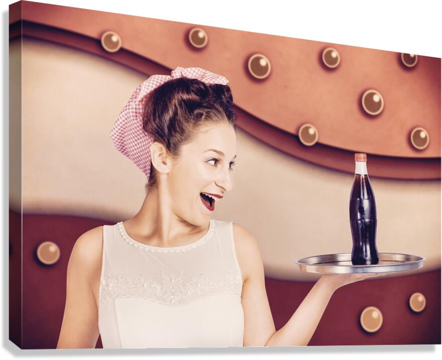 Retro pinup girl holding food and drinks tray Canvas Print