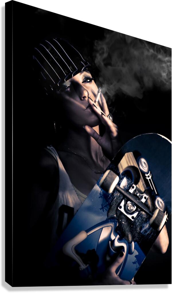 Cool Smoking Woman With Skateboard Canvas Print
