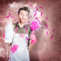 Funny cleaning man doing housework chores