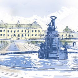 Drottningholms Slott royal palace and fountain Illustration