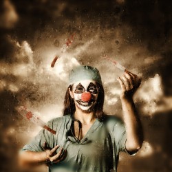 Evil surgeon clown juggling bloody knives outside