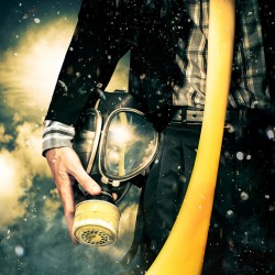 Man with gas mask. New beginning. Sky’s the limit