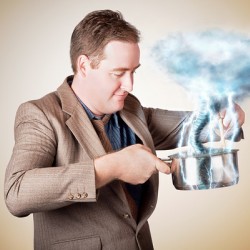 Businessman with plan cooking up strategic storm