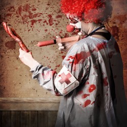 Scary medical clown injecting horror into limb