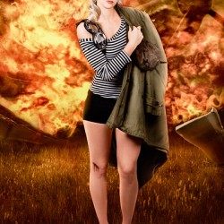 War pilot pin-up woman walking from plane crash