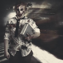 Dead zombie business woman catching ghost train