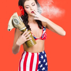American military pin up girl holding gasmask 