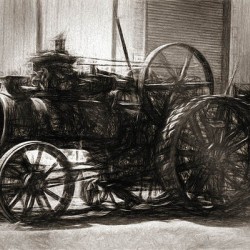 Vintage tractor drawing in industrialised 1900s