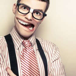 Funny Retro Male Nerd With Big Mouth On Copyspace 