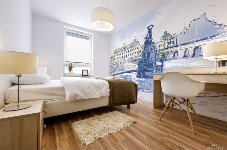 Drottningholms Slott royal palace and fountain Illustration Mural print