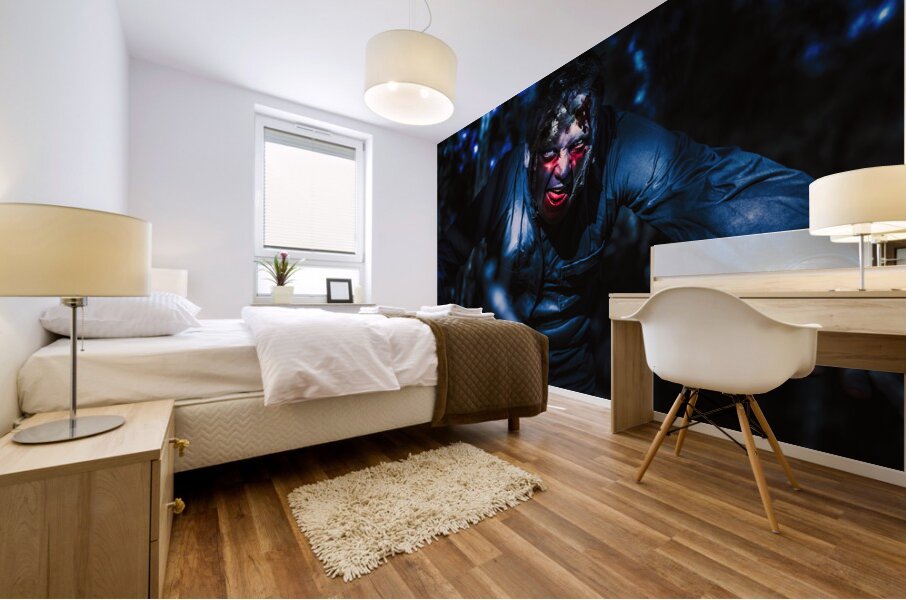 Evil zombie man creeping though black shadows Mural print