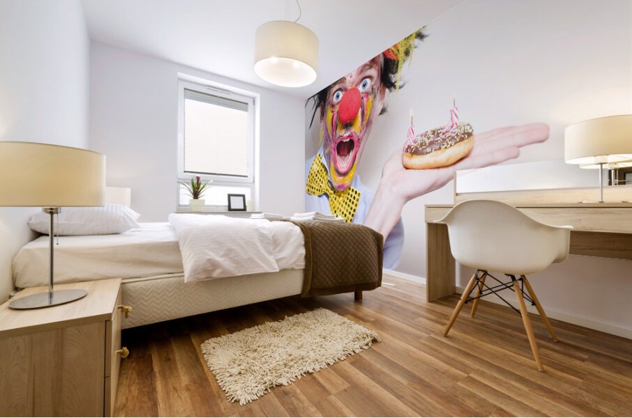 Surprise Happy Birthday Clown Holding Party Cake Mural print