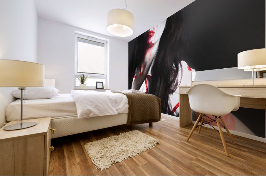 Scary zombie nurse with facial wounds Mural print