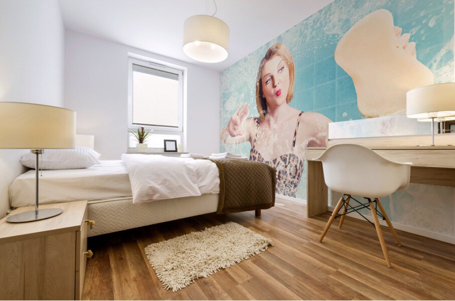 Funny pin up cleaning woman washing bathroom glass Mural print